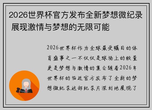 2026世界杯官方发布全新梦想微纪录 展现激情与梦想的无限可能 2026世界杯官方发布全新梦想微纪录 展现激情与梦想的无限可能